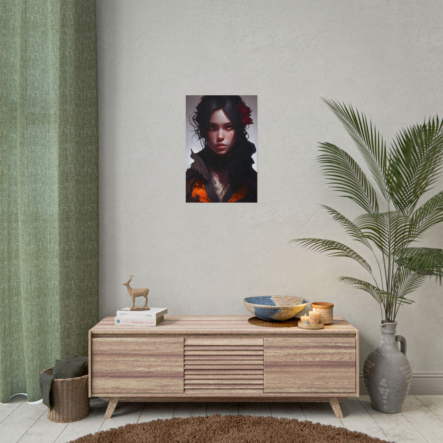 Black Hair Female Portrait: Elegant Dress Artwork - Poster