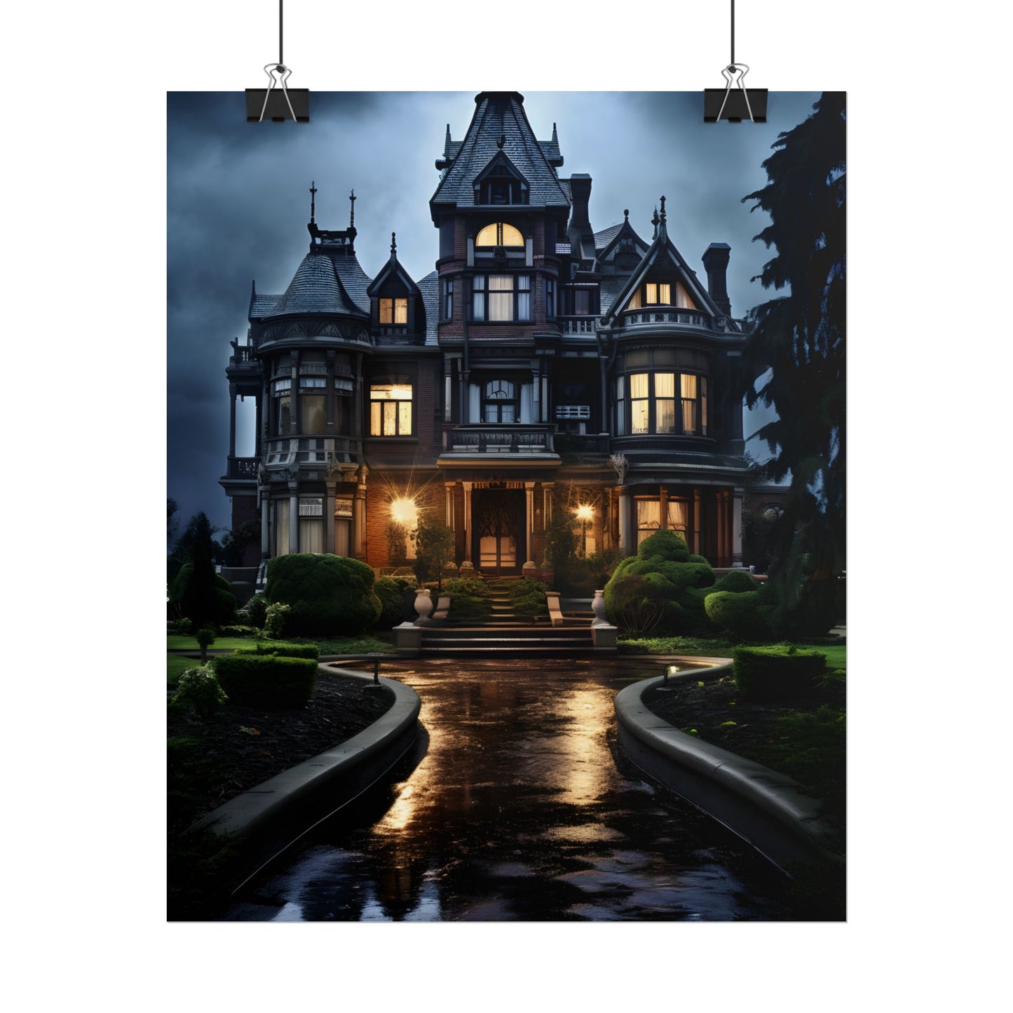 Haunted Victorian Mansion: Spooky Stormy Night Art - Poster