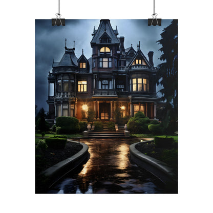 Haunted Victorian Mansion: Spooky Stormy Night Art - Poster