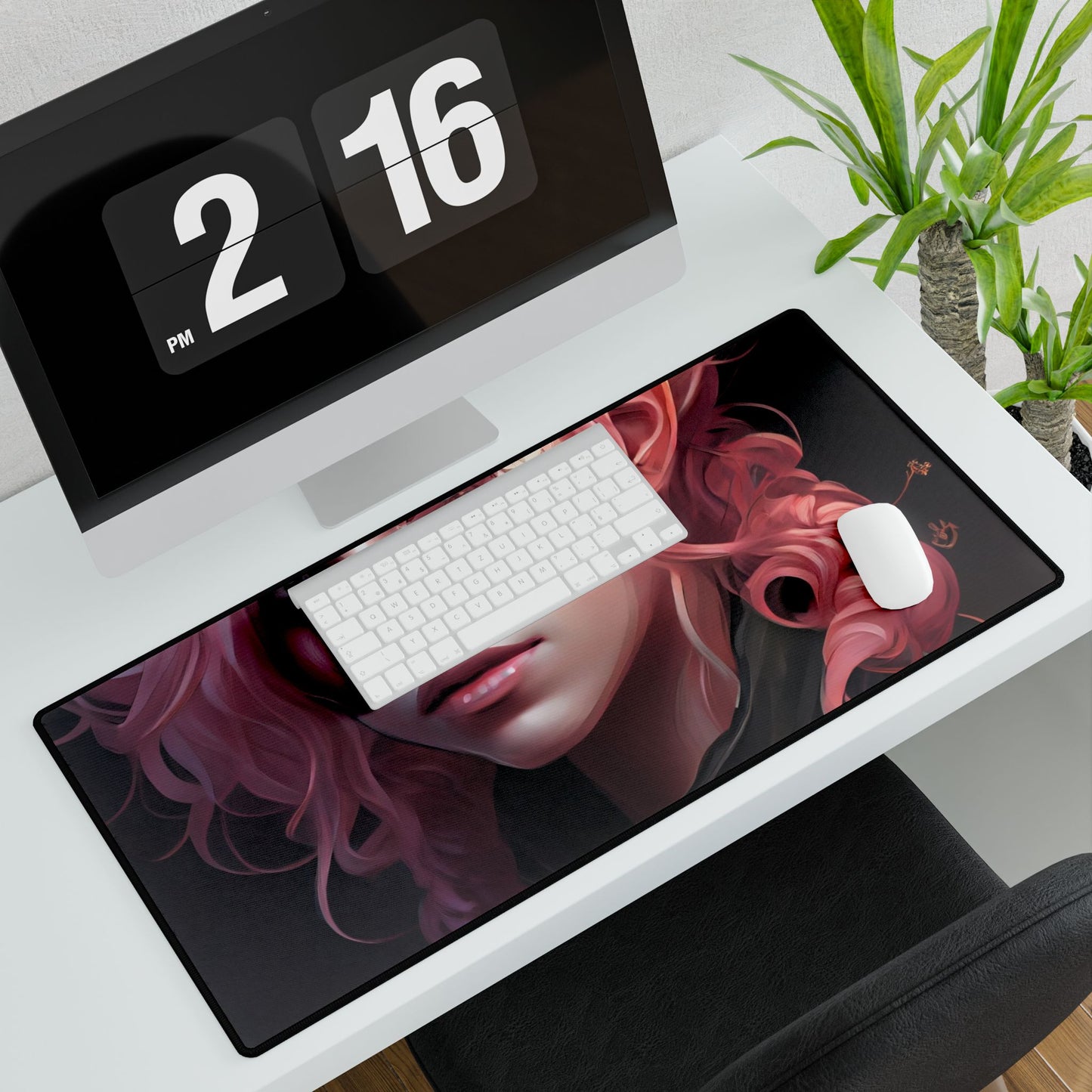 Astonishing Female Portrait: Vibrant Pink Hair in Dark Elegance - Desk Mat