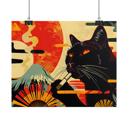 Whimsical Cat Smoking: Red & White Stripe Artwork - Poster