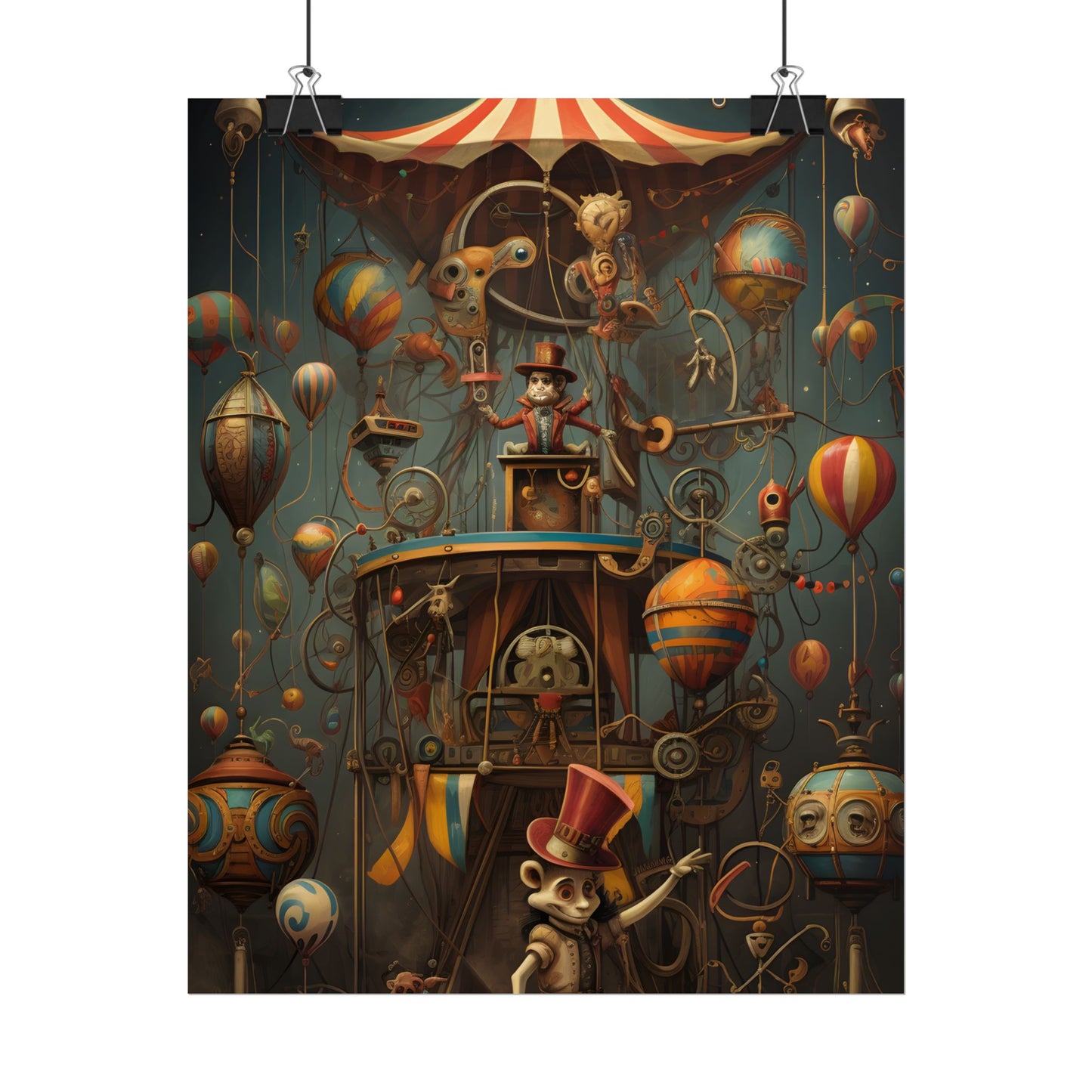 Whimsical Clockwork Circus: Fantastical Wooden Horse in Steampunk Dreamscape - Poster