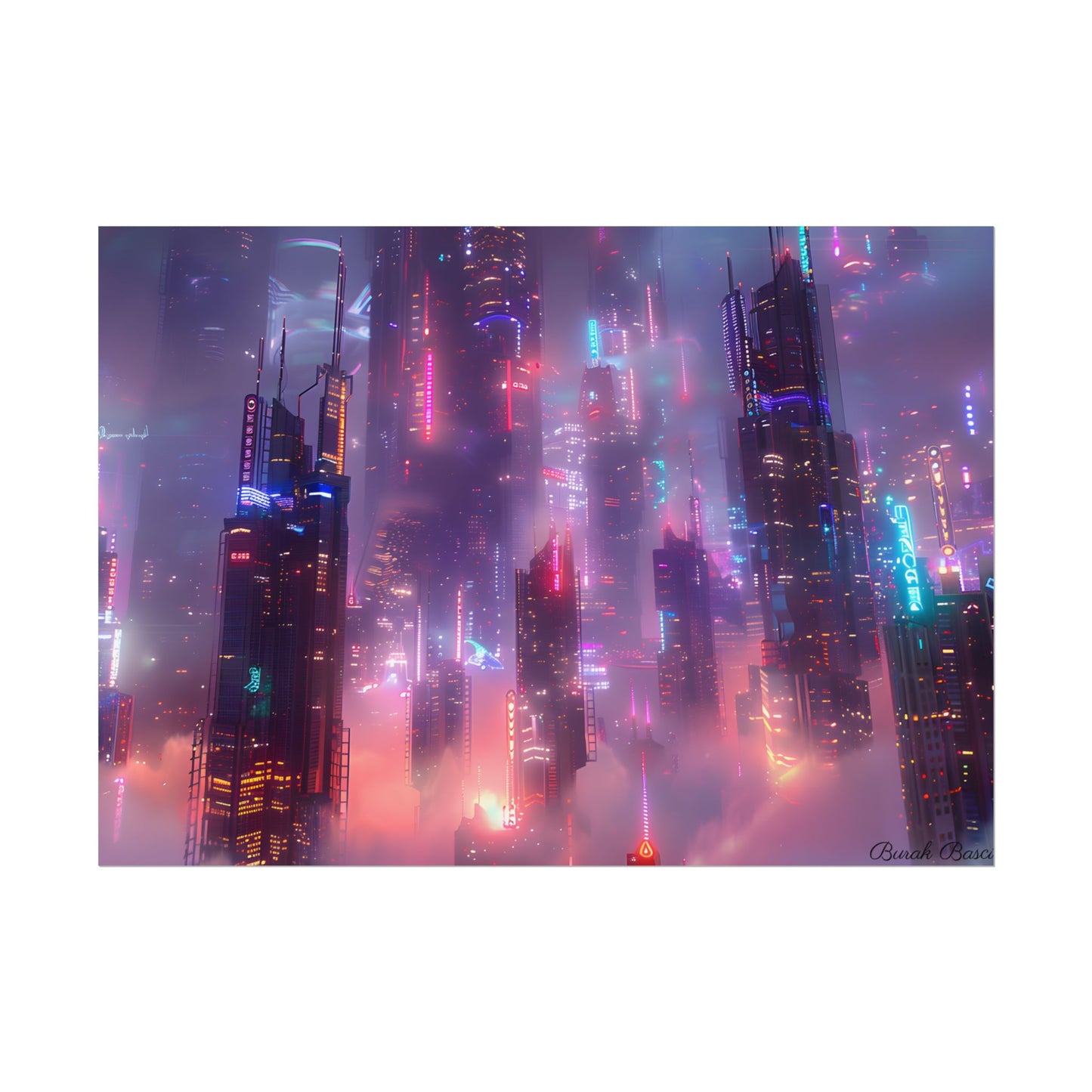 Neon Futuristic Cityscape: Graphic Modern Art - Poster
