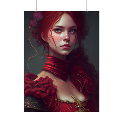 Vibrant Redhead Portrait: Female Artwork in Red Dress - Poster