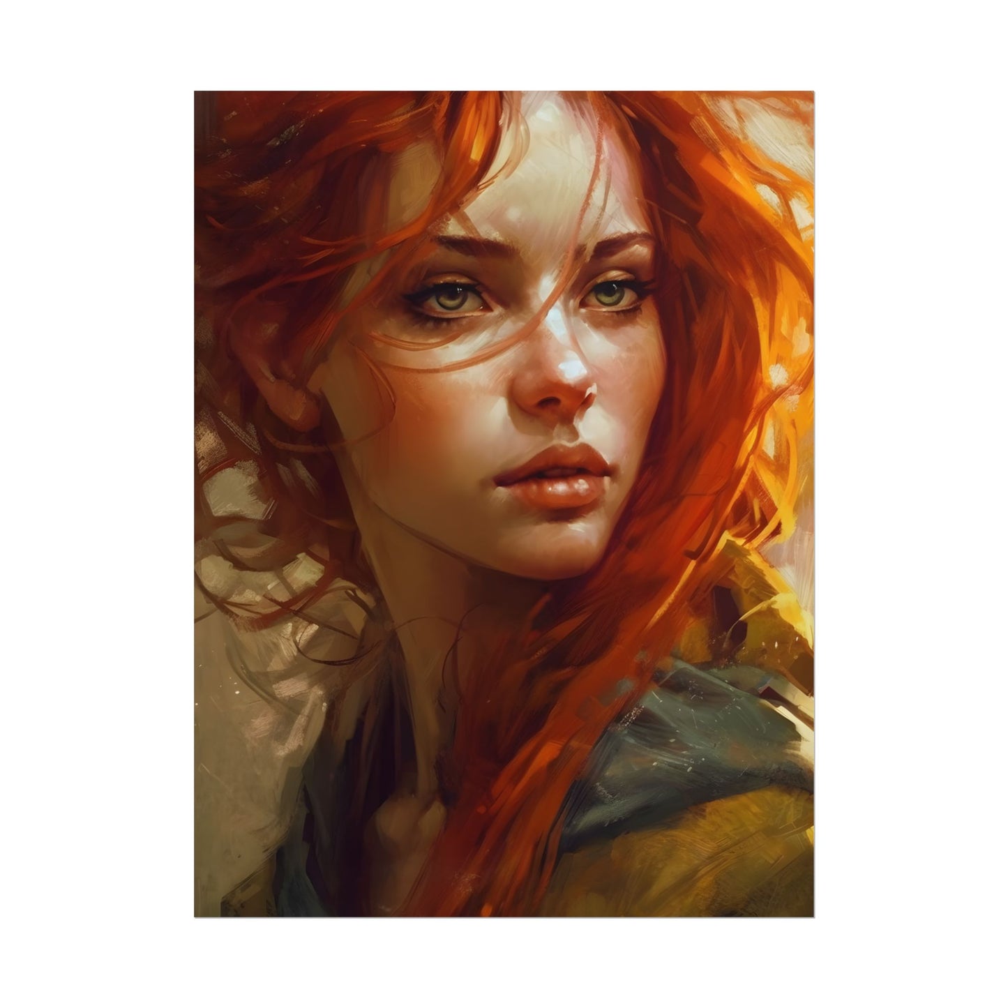 Elegant Redhead Portrait: Serious Female Artwork - Poster