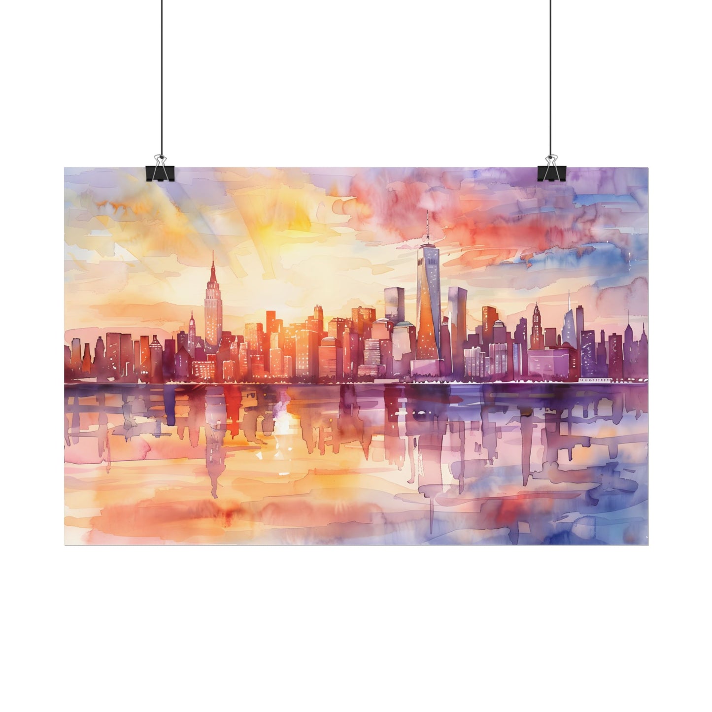 Watercolor Sunset New York City Skyline: Beautiful Artwork - Poster