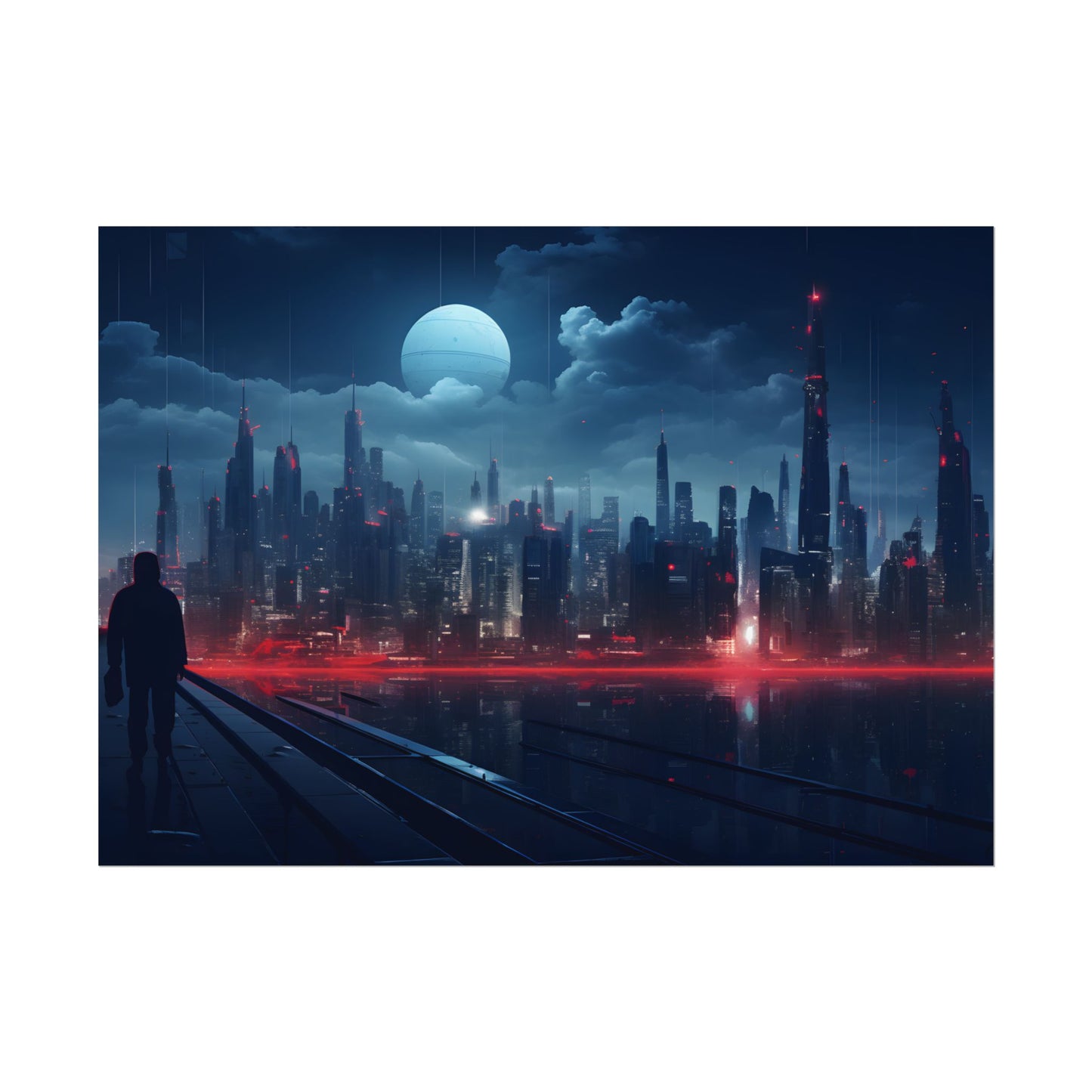 Melancholic Night: A Solo Figure in Cyberpunk Cityscape - Poster