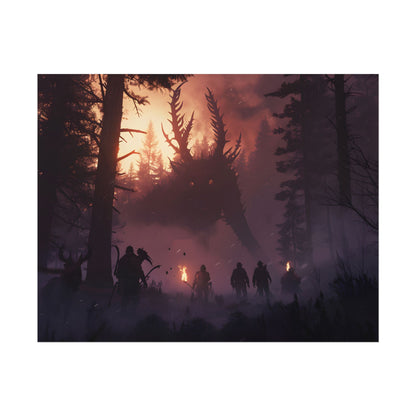 Serene Forest Sunset: Group Walking Through Misty Landscape - Poster