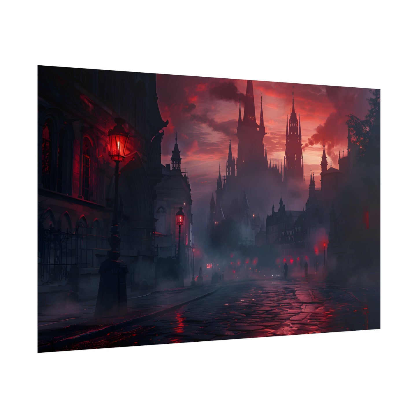 Gothic City Dusk: Pointed Arches and Misty Atmosphere - Poster