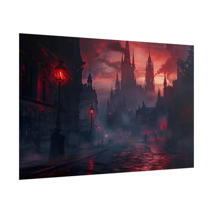 Gothic City Dusk: Pointed Arches and Misty Atmosphere - Poster