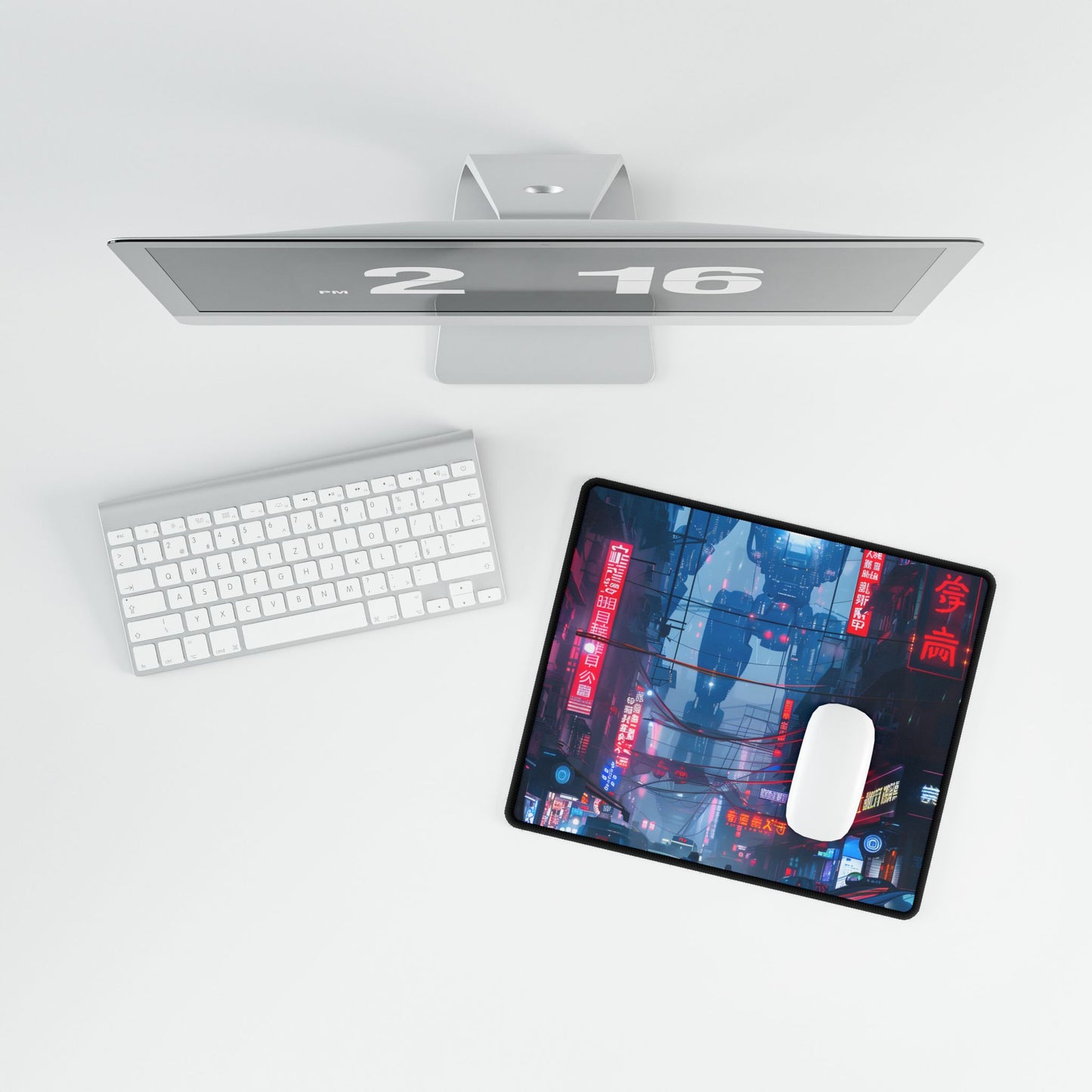 Futuristic City Pulse: Neon Lights Digital Artwork - Desk Mat