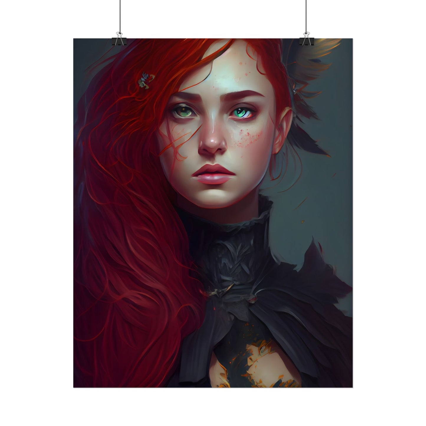 Vibrant Female Portrait: Red Hair Beauty in Neutral Dress - Poster