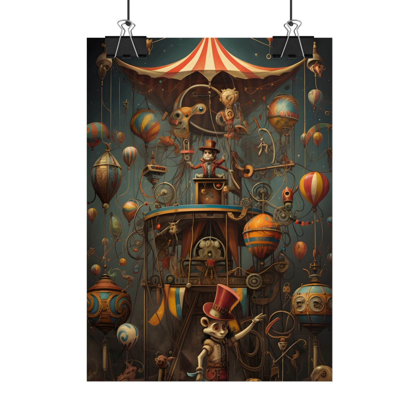 Whimsical Clockwork Circus: Fantastical Wooden Horse in Steampunk Dreamscape - Poster