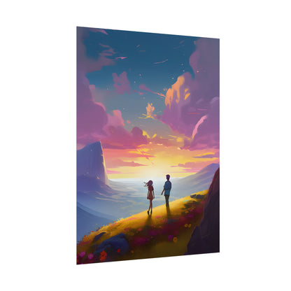 Young Love in a Cloudy Meadow: A Heartwarming Artwork - Poster