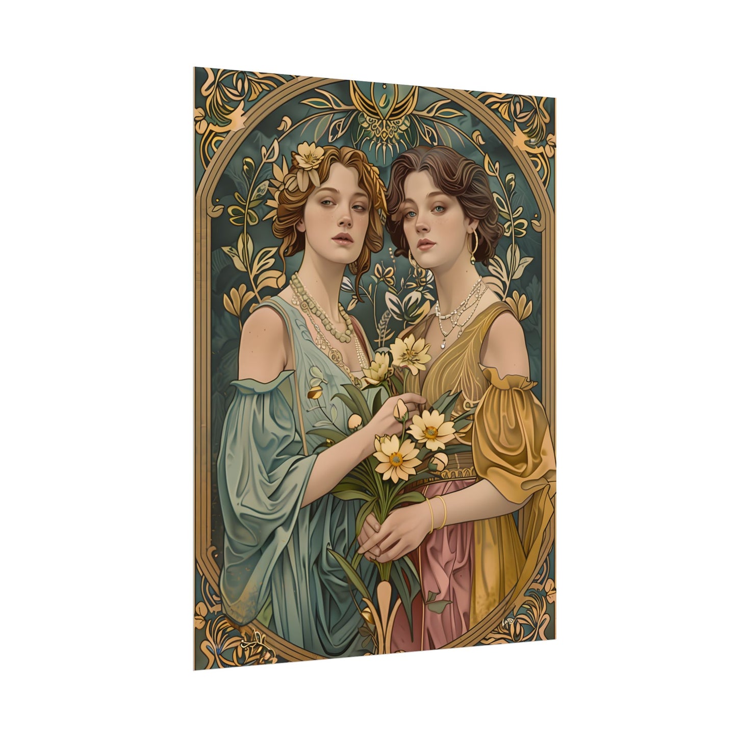 Two Women in Ornate Attire Holding Primr: Traditional Turkish Artwork - Poster