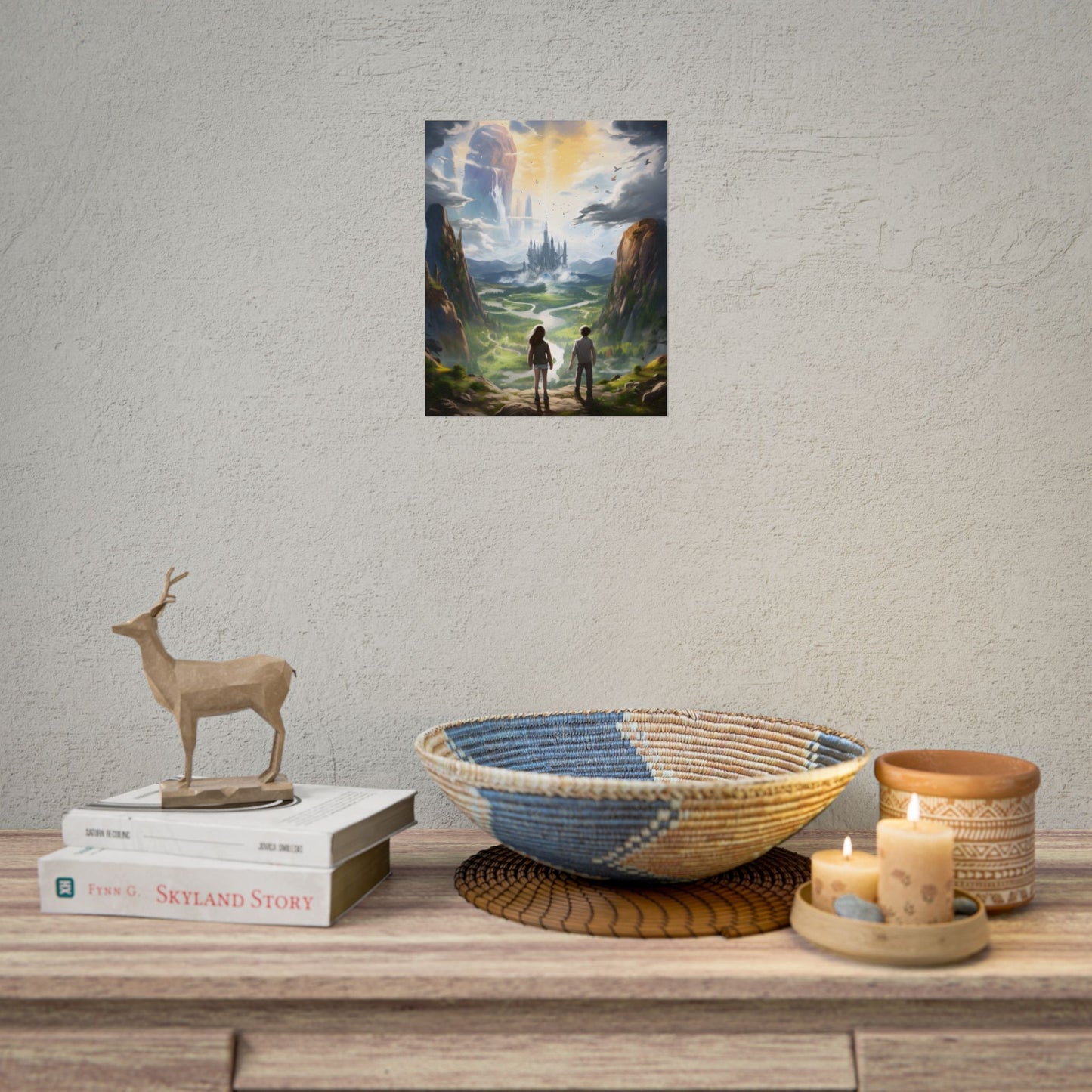 Girl and Boy in Serene Meadow: A Moment on Cloudy Hill - Poster