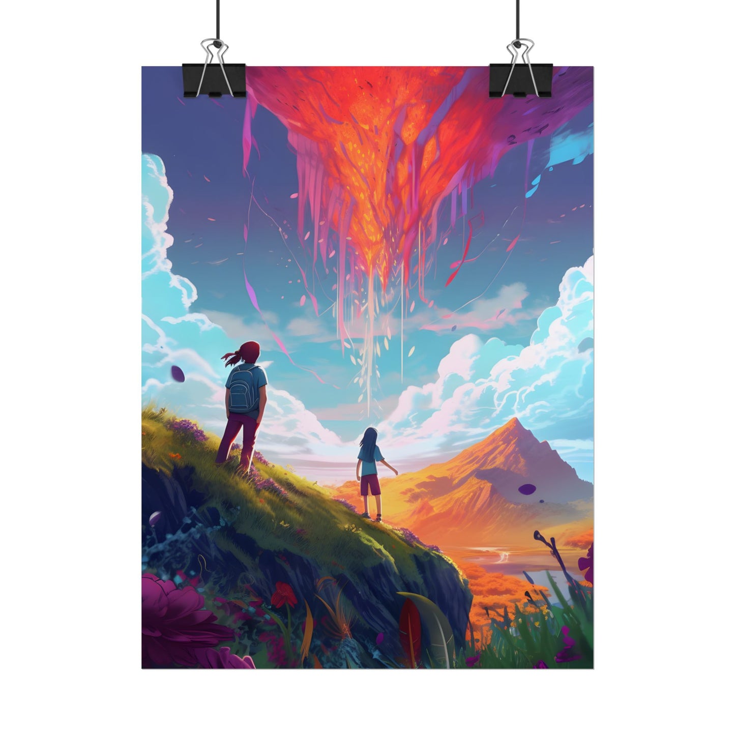 Children's Serene Moment: Meadow Under a Cloudy Sky - Poster