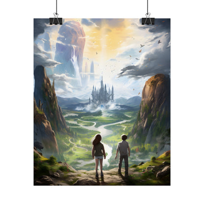 Girl and Boy in Serene Meadow: A Moment on Cloudy Hill - Poster