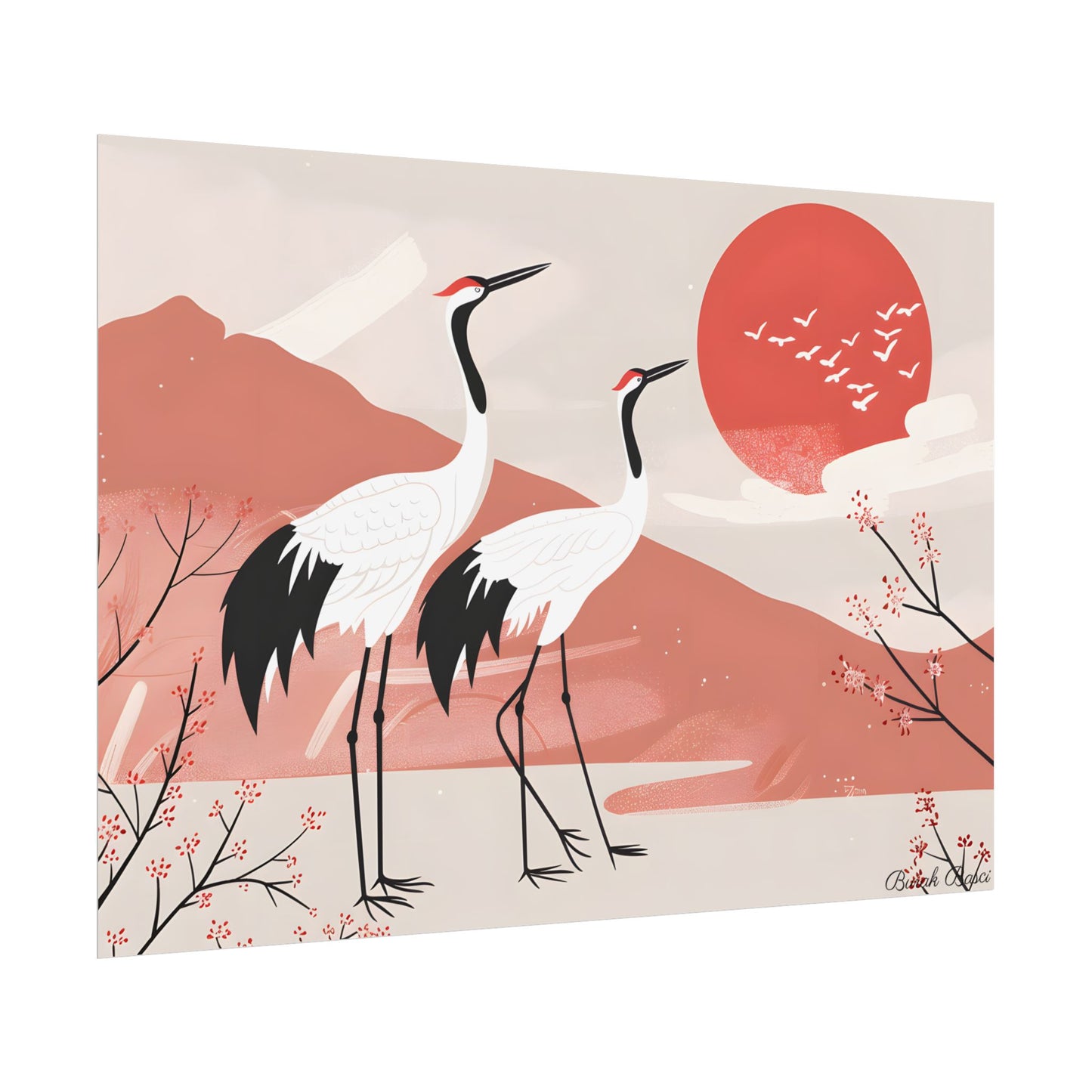 Serene Landscape with Cranes: Peaceful Nature Art - Poster