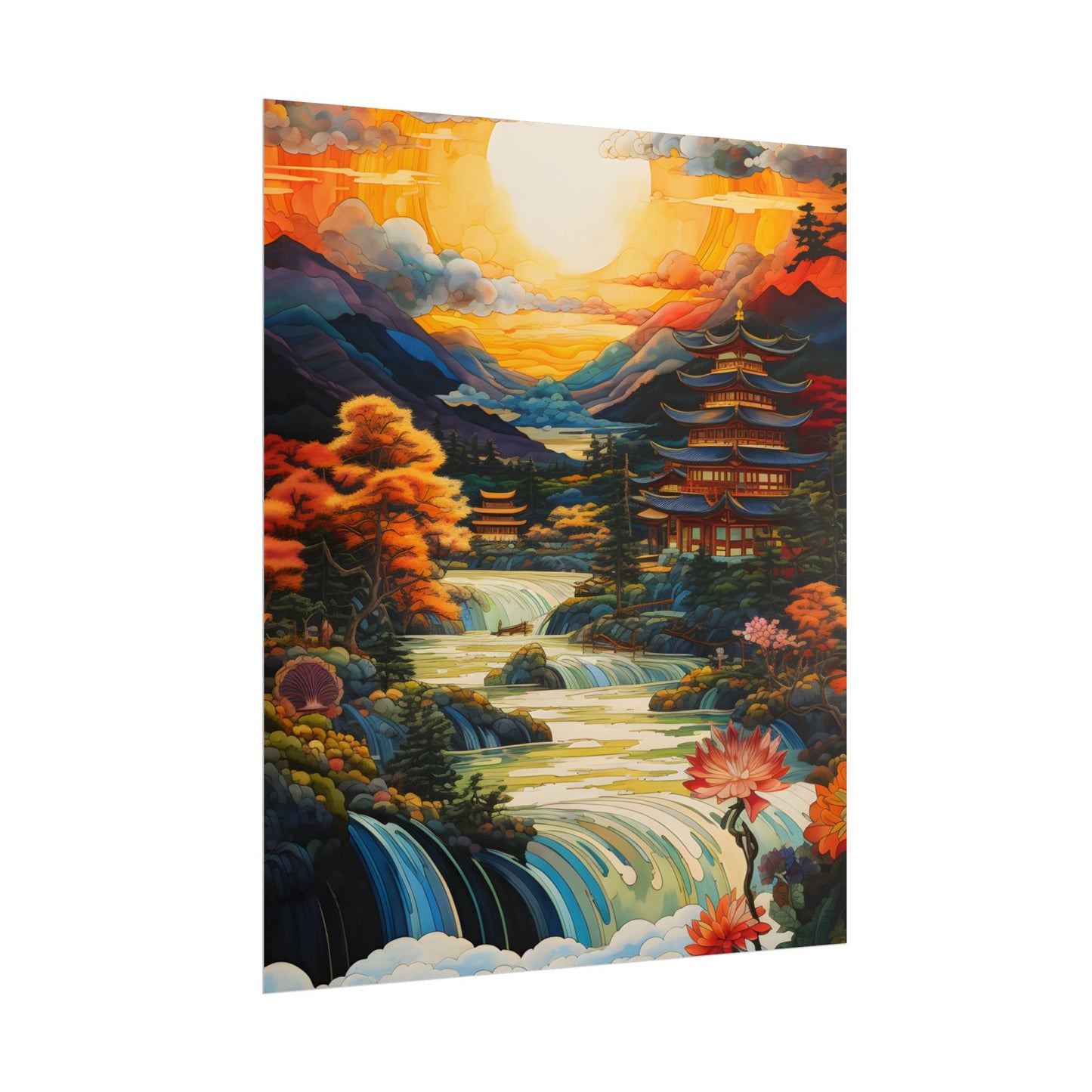 Peaceful Japanese River Landscape with Flowers: Serene Artwork - Poster