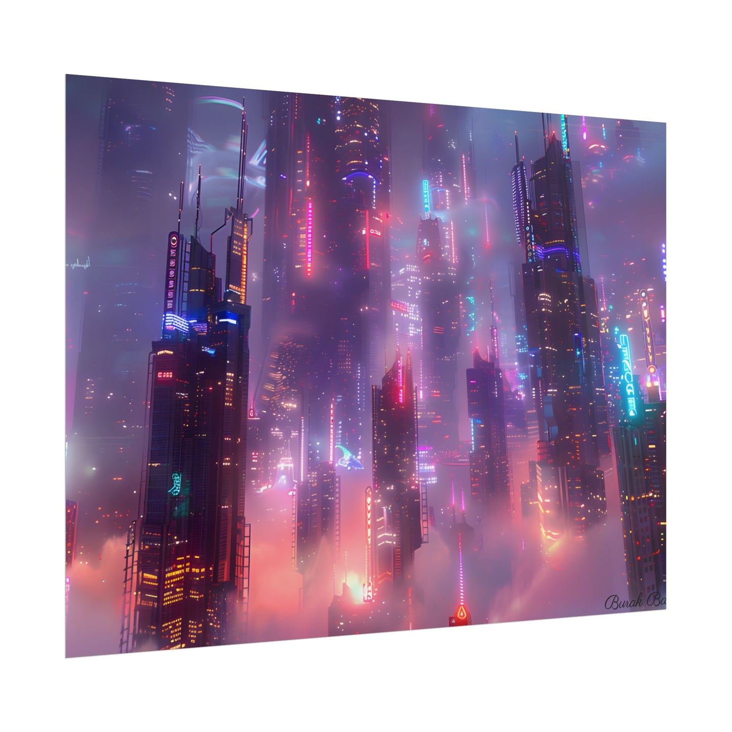 Neon Futuristic Cityscape: Graphic Modern Art - Poster