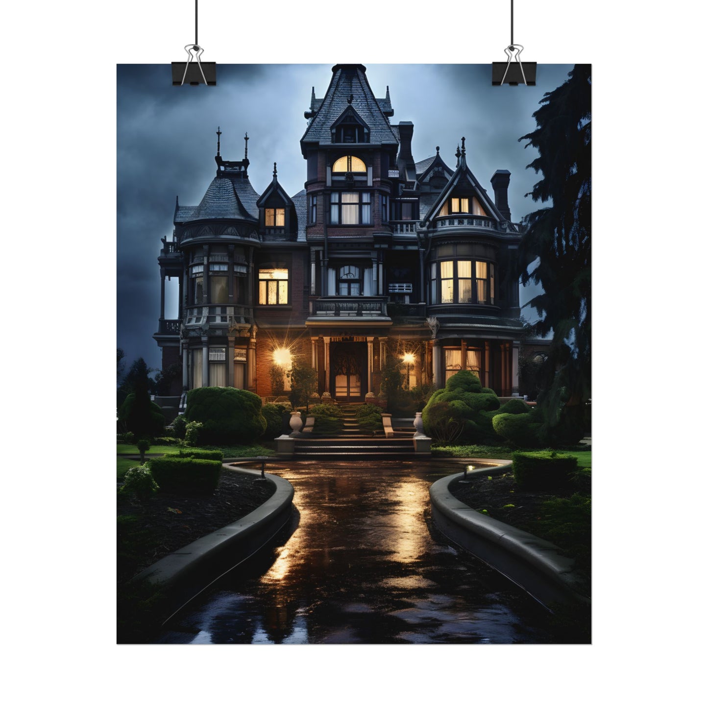Haunted Victorian Mansion: Spooky Stormy Night Art - Poster