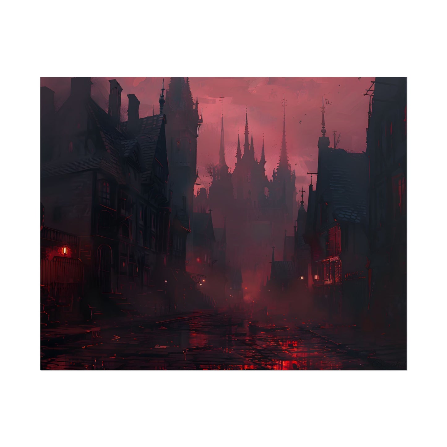 Dark Gothic Cityscape: A Serene Misty Dusk Scene - Poster