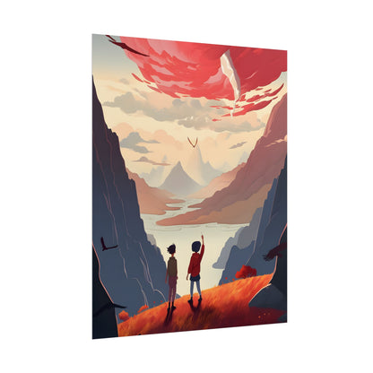 Serene Meadow Scene: Girl & Boy Under Cloudy Sky - Poster