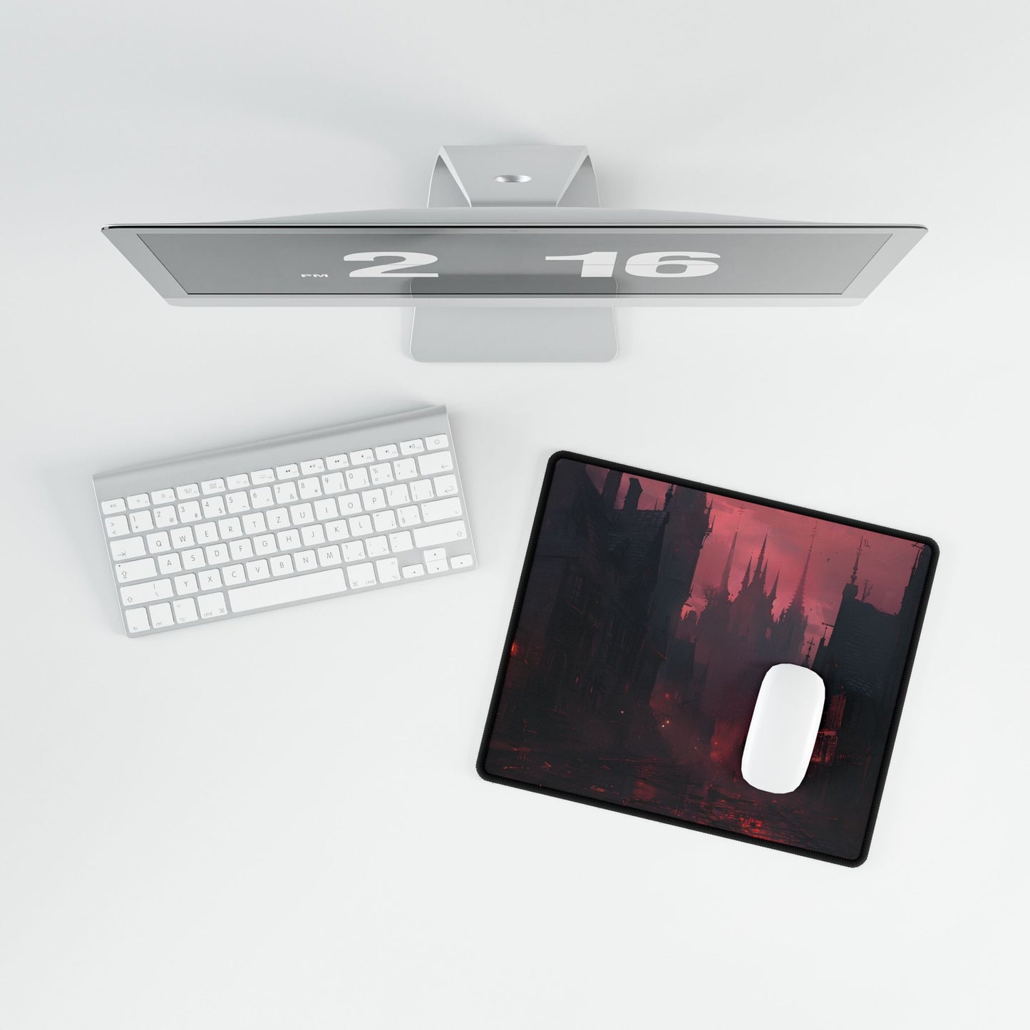 Dark Gothic Cityscape: A Serene Misty Dusk Scene - Desk Mat