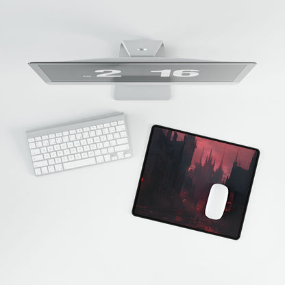 Dark Gothic Cityscape: A Serene Misty Dusk Scene - Desk Mat