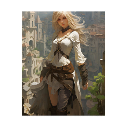 Anime Bird's Eye View Portrait: Blonde Beauty in Motion - Poster