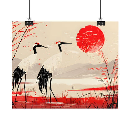 Peaceful Cranes in Serene Nature: Landscape Artwork - Poster