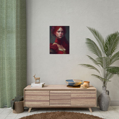 Vibrant Redhead Portrait: Female Artwork in Red Dress - Poster