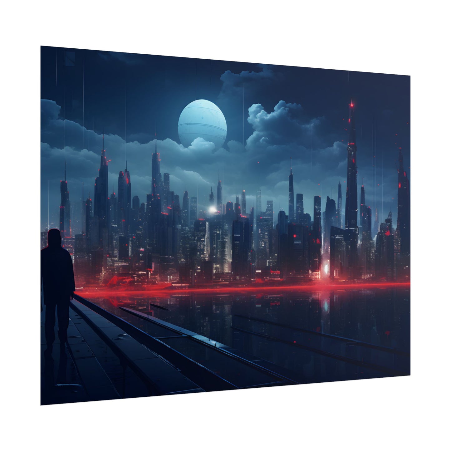 Melancholic Night: A Solo Figure in Cyberpunk Cityscape - Poster