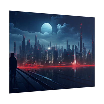 Melancholic Night: A Solo Figure in Cyberpunk Cityscape - Poster