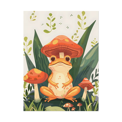 Retro Whimsy: Frog & Mushrooms in Close-Up Charm - Poster