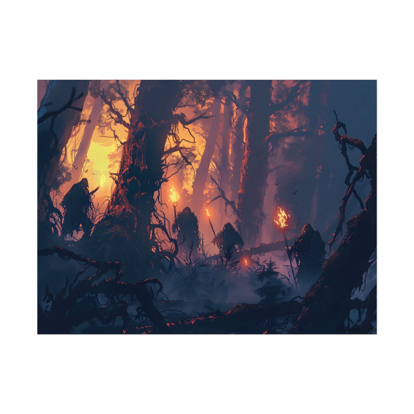 Forest Gathering at Sunset: Peaceful Woodland Scene - Poster