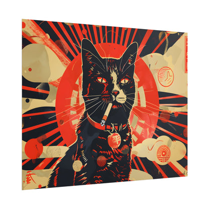 Vintage Whimsy: Cat Smokes Cigarette on Blue Background - Poster