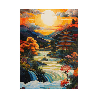 Peaceful Japanese River Landscape with Flowers: Serene Artwork - Poster