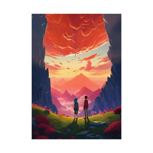 Happy Kids in a Cloudy Meadow: A Peaceful Scene - Poster