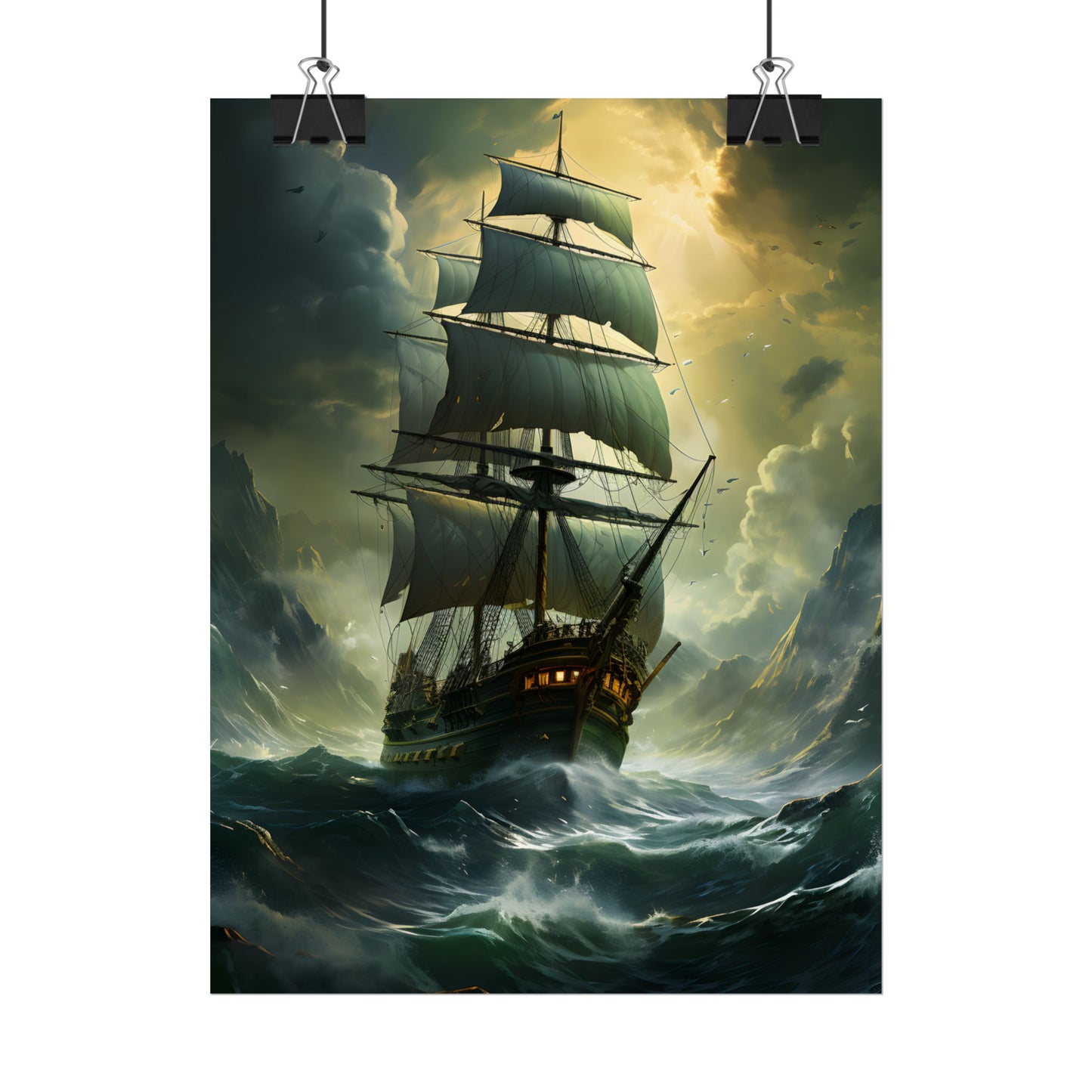 Green Realism: Majestic Ship Oil Painting - Poster