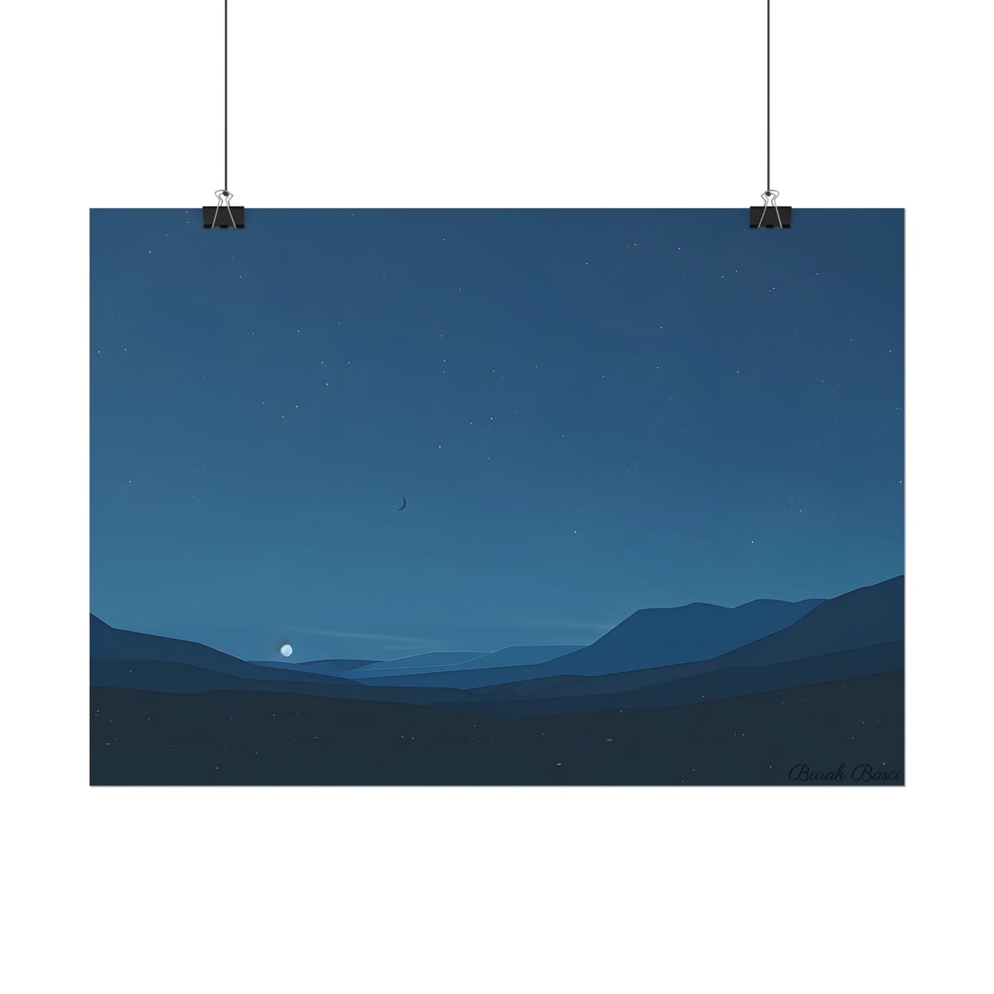 Minimalist Night Sky: Stars and Crescent Moon Art - Poster