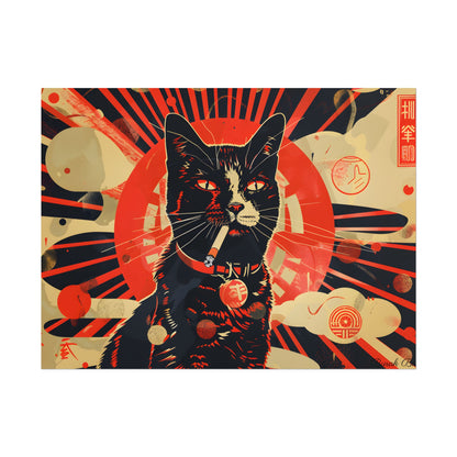 Vintage Whimsy: Cat Smokes Cigarette on Blue Background - Poster