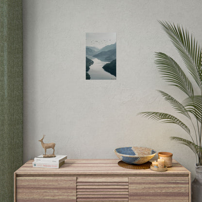 Peaceful Mountain Oasis: Serene Birds Eye View Artwork - Poster