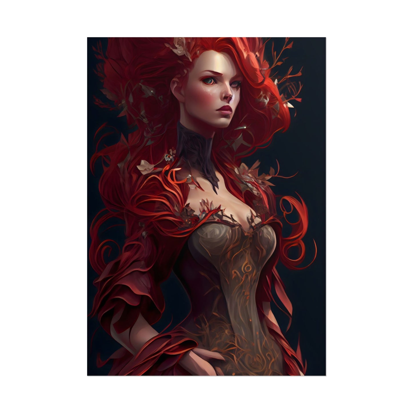 Red Hair Portrait: Elegant Female in Black Dress - Poster