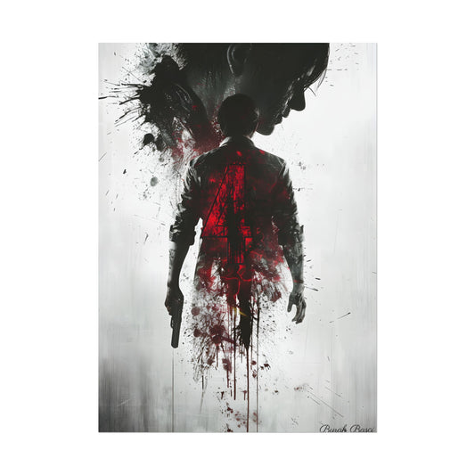 Emerging from Darkness: Blood-Splattered Figure - Poster