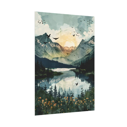 Serene Mountain Lake: Birds in Flight - Natural Art - Poster