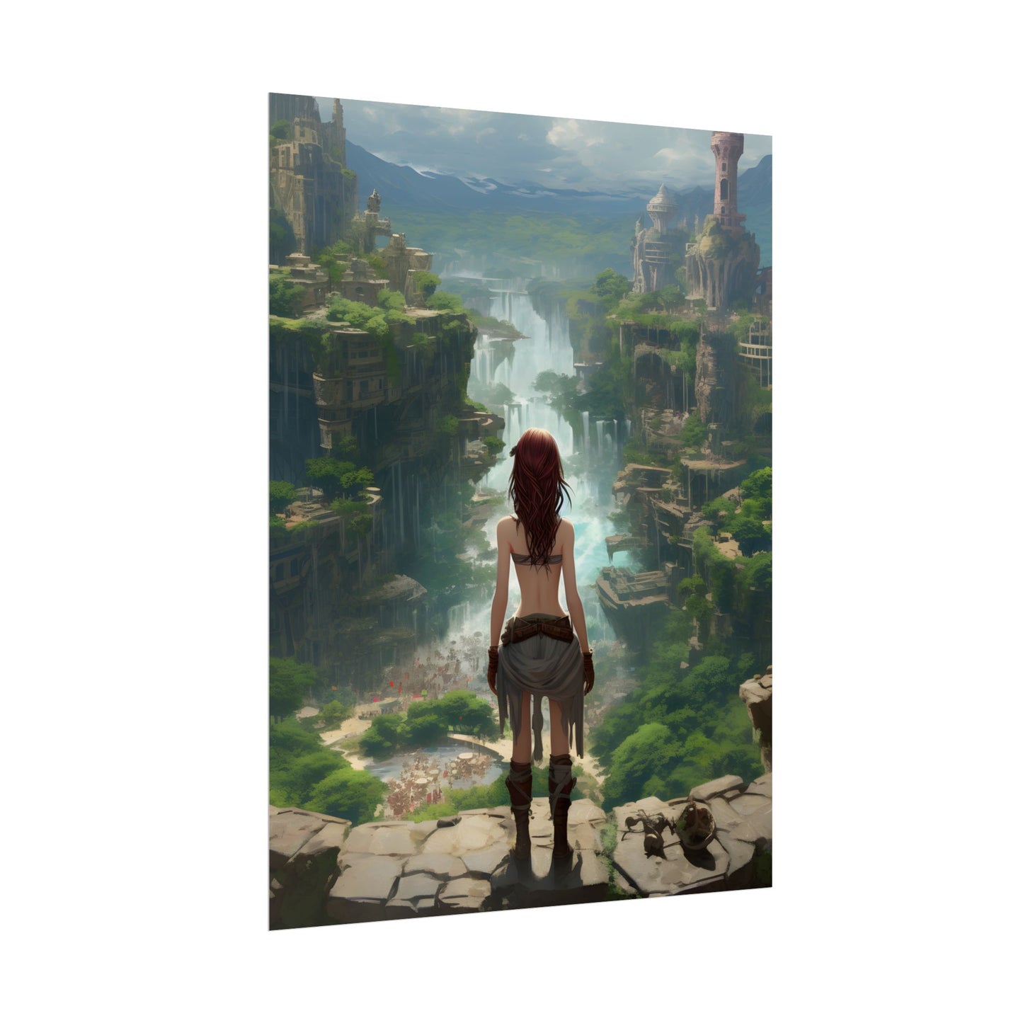 Dramatic Birds Eye View: Red Haired Anime Girl in Urban Landscape - Poster