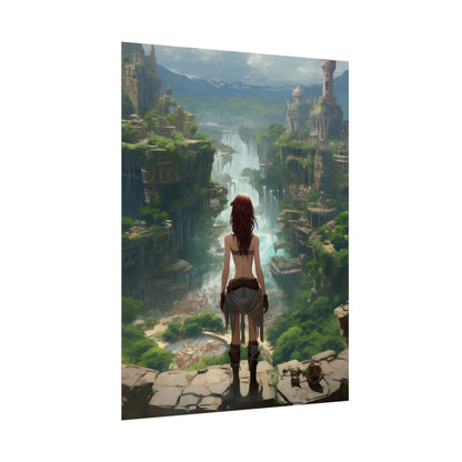 Dramatic Birds Eye View: Red Haired Anime Girl in Urban Landscape - Poster