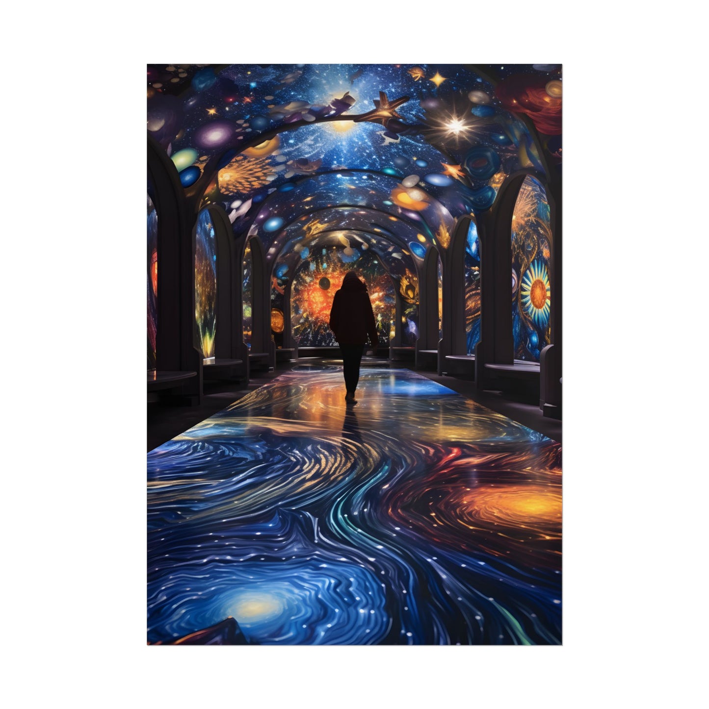 Celestial Art Gallery: Vibrant Space-Themed Artwork in a Colorful Interior - Poster